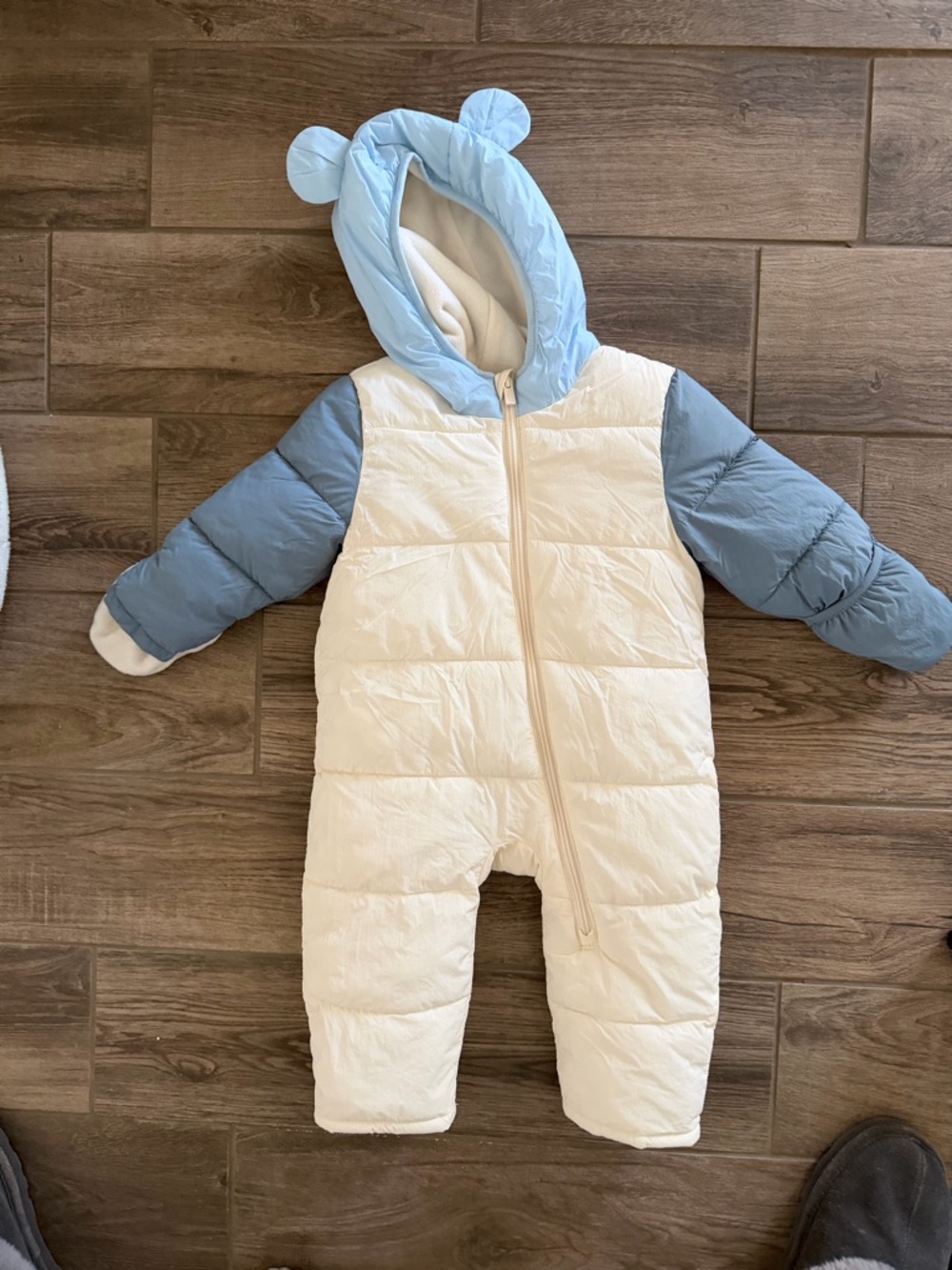 Old Navy Baby Puffer One-Piece Snowsuit with Bear Ears - Cream & Light Blue